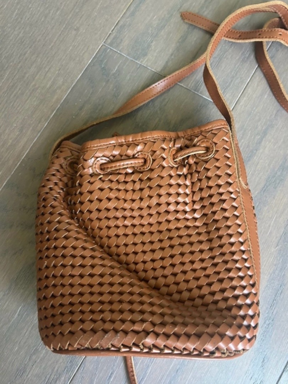 Woven Leather Bucket Crossbody Bag - Tan - Picture 2 of 3
